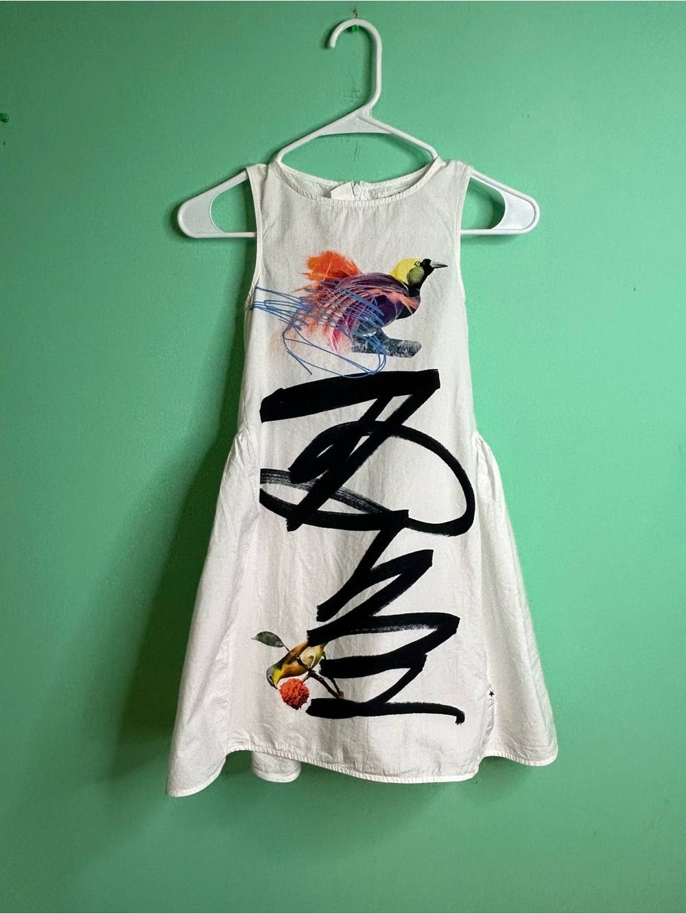 Molo White Sleeveless Dress with Colorful Bird Graphics for girls